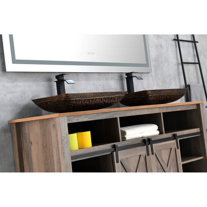 22.25" L -14.5" W -4.5" H Golden Handmade Glass Rectangle Vessel Bathroom Sink in Brown and Gold Fusion Finish with Faucet and Pop-Up Drain in Matte Black