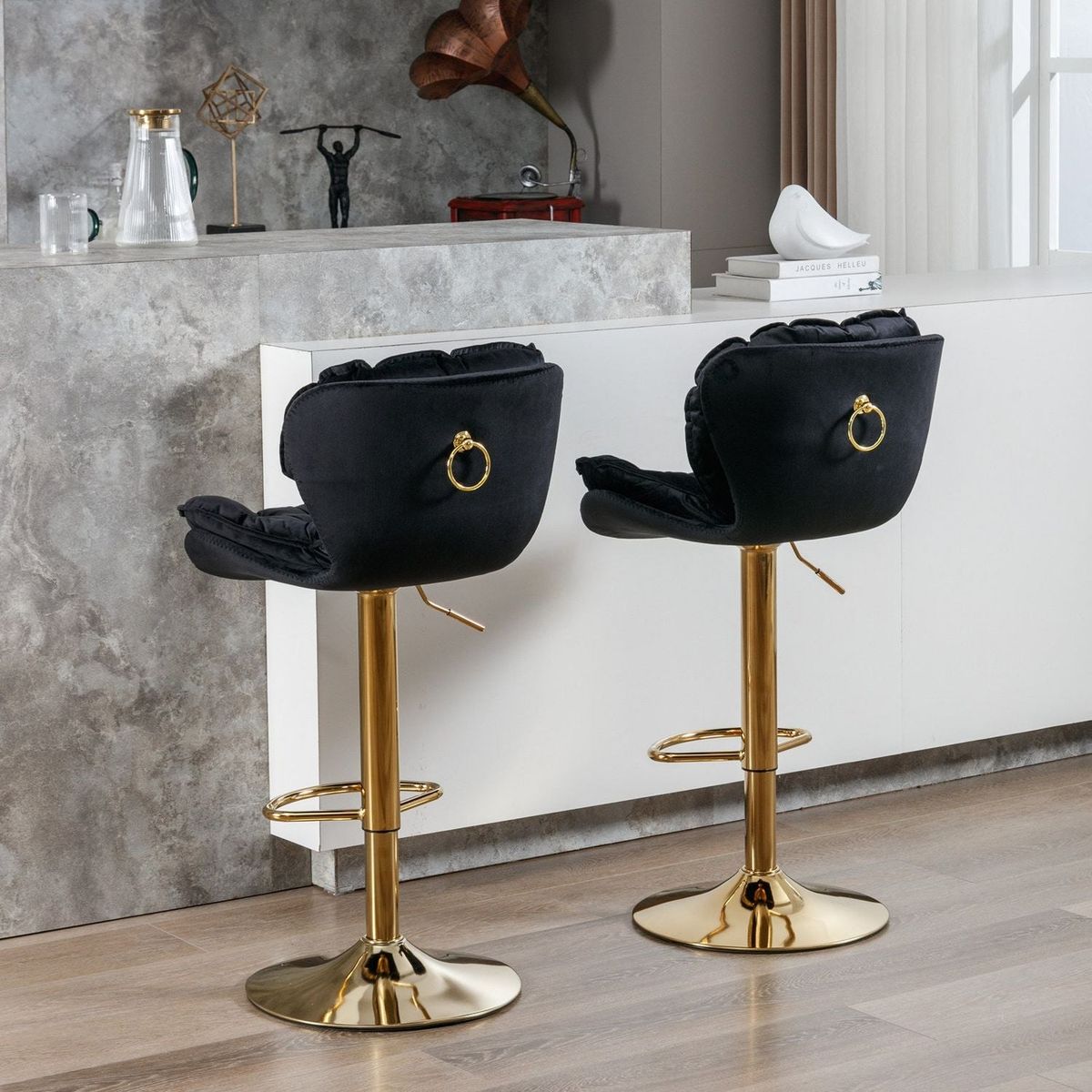 Swivel Bar Stools Set of 2, Velvet Counter Height Adjustable Barstools, Dining Bar Chairs Upholstered Modern Bar Stool for Kitchen Island, Cafe, Bar Counter, Dining Roomlack)