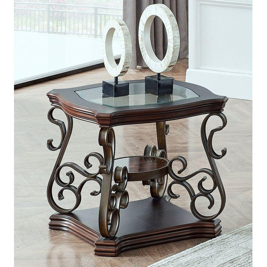 End table, Glass table top, MDF W/marble paper middle shelf, powder coat finish metal legs. (26.3" Lx26.3" Wx24" H)