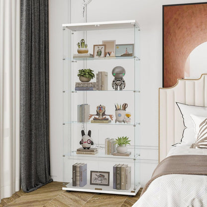 Glass Display Cabinet with 5 Shelves Double Door, Curio Cabinets for Living Room, Bedroom, Office, White Floor Standing Glass Bookshelf, Quick Installation