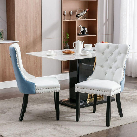 Nikki Collection Modern, High-end Tufted Solid Wood Contemporary PU and Velvet Upholstered Dining Chair with Wood Legs Nailhead Trim 2-Pcs Set, White+Light Blue