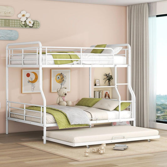 Full XL Over Queen Metal Bunk Bed with Twin Size Trundle, White