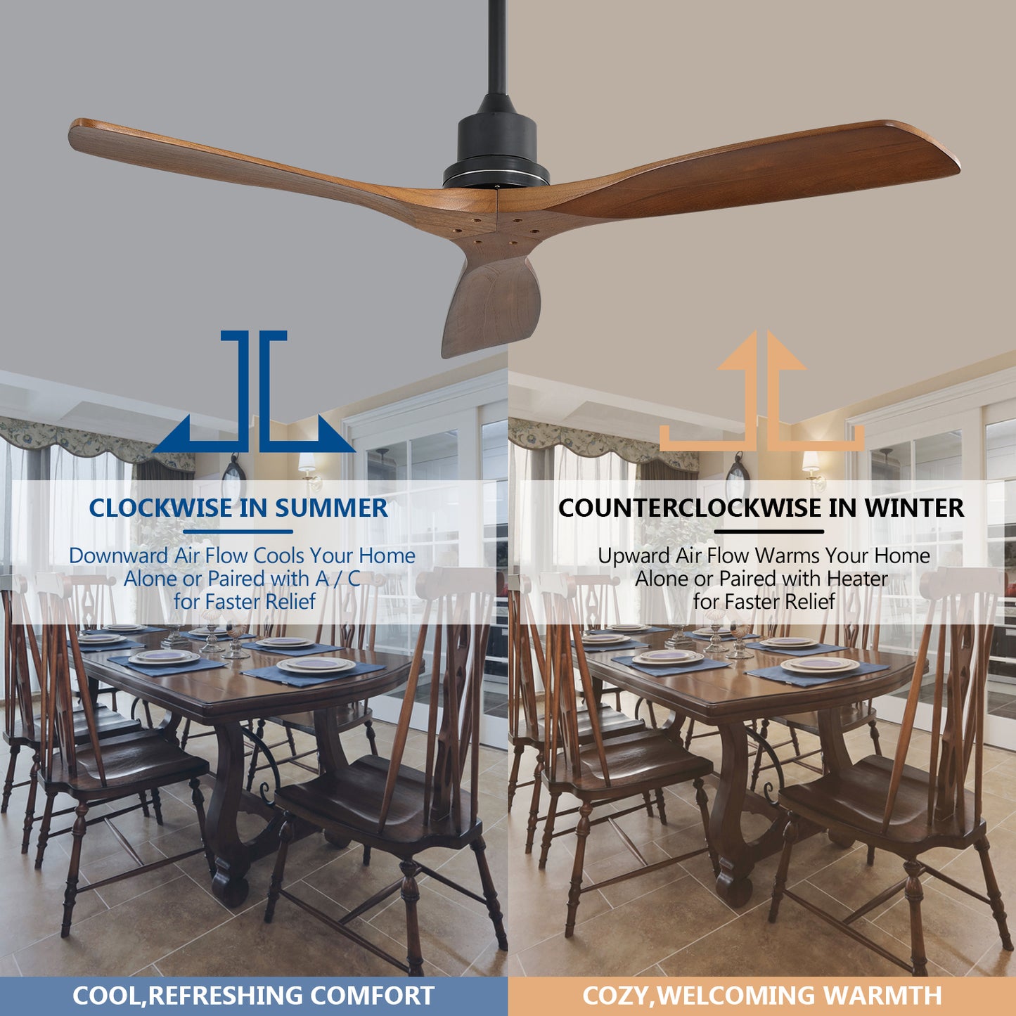 52inch Outdoor Farmhouse Ceiling Fan with Remote Carved Wood Fan Blade Reversible Motor