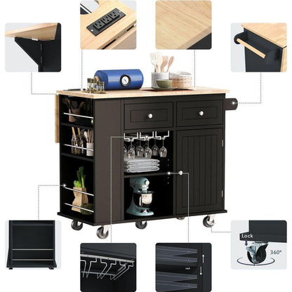 Kitchen Island with Power Outlet,Kitchen Storage Island with Drop Leaf and Rubber Wood,Open Storage and Wine Rack,5 Wheels,with Adjustable Storage for Home, Kitchen, and Dining Room, Black