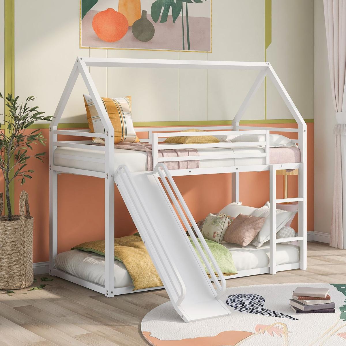Twin over Twin House Bunk Bed with Ladder and Slide, White - Streamdale Furniture