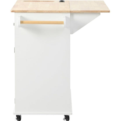 Kitchen Island with Power Outlet,Kitchen Storage Island with Drop Leaf and Rubber Wood,Open Storage and Wine Rack,5 Wheels,with Adjustable Storage for Home, Kitchen, and Dining Room,White