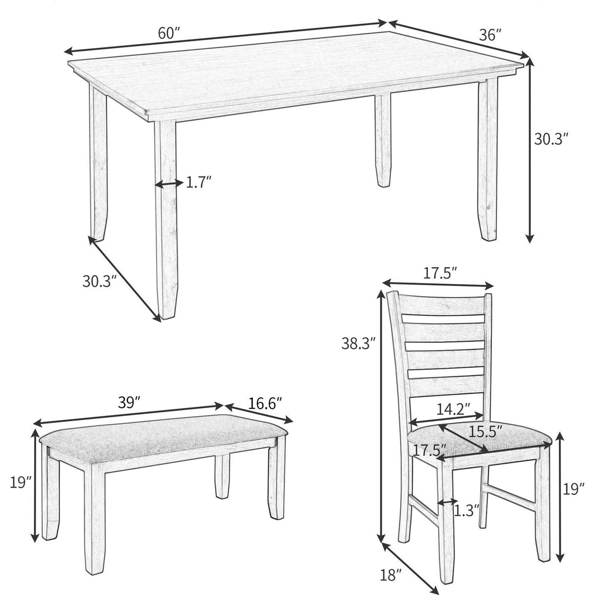 Dining Room Table and Chairs with Bench, Rustic Wood Dining Set, Set of 6 (Gray)