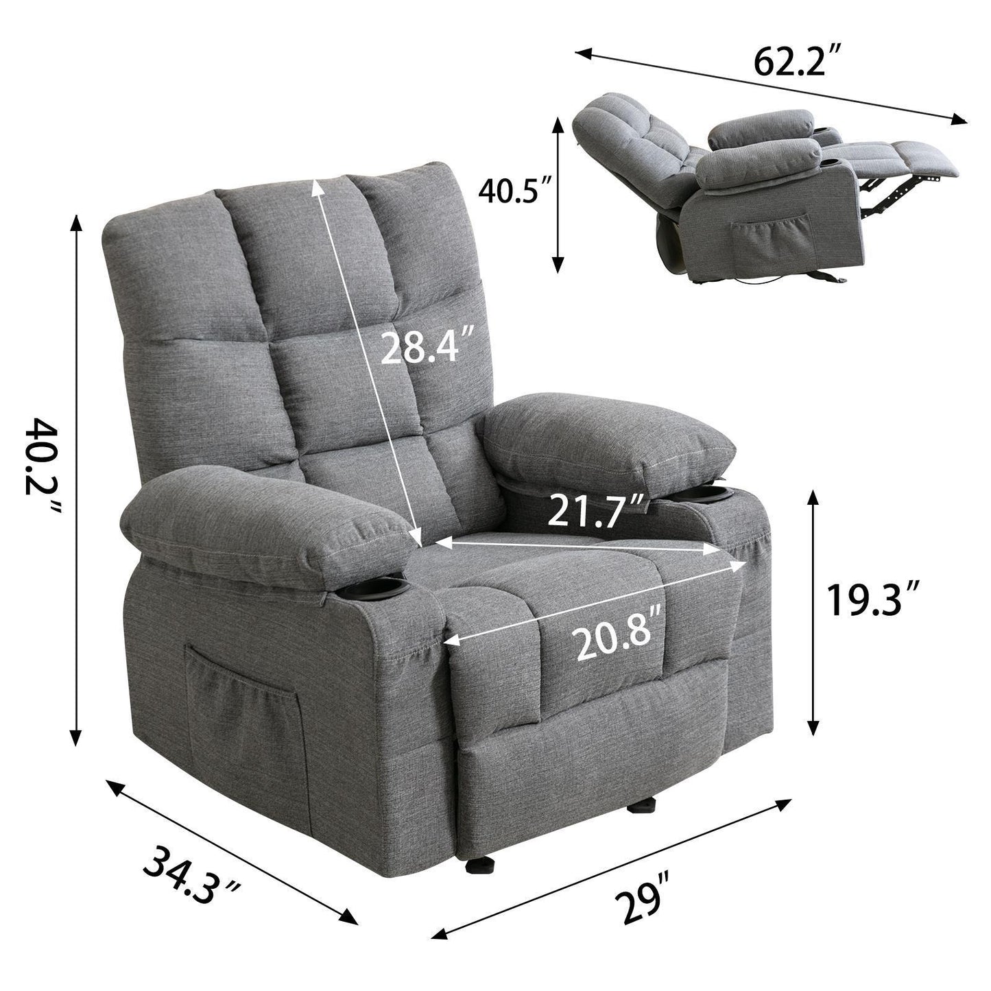 Recliner Chair Massage Heating sofa with USB and side pocket, 2 Cup Holders (Grey)