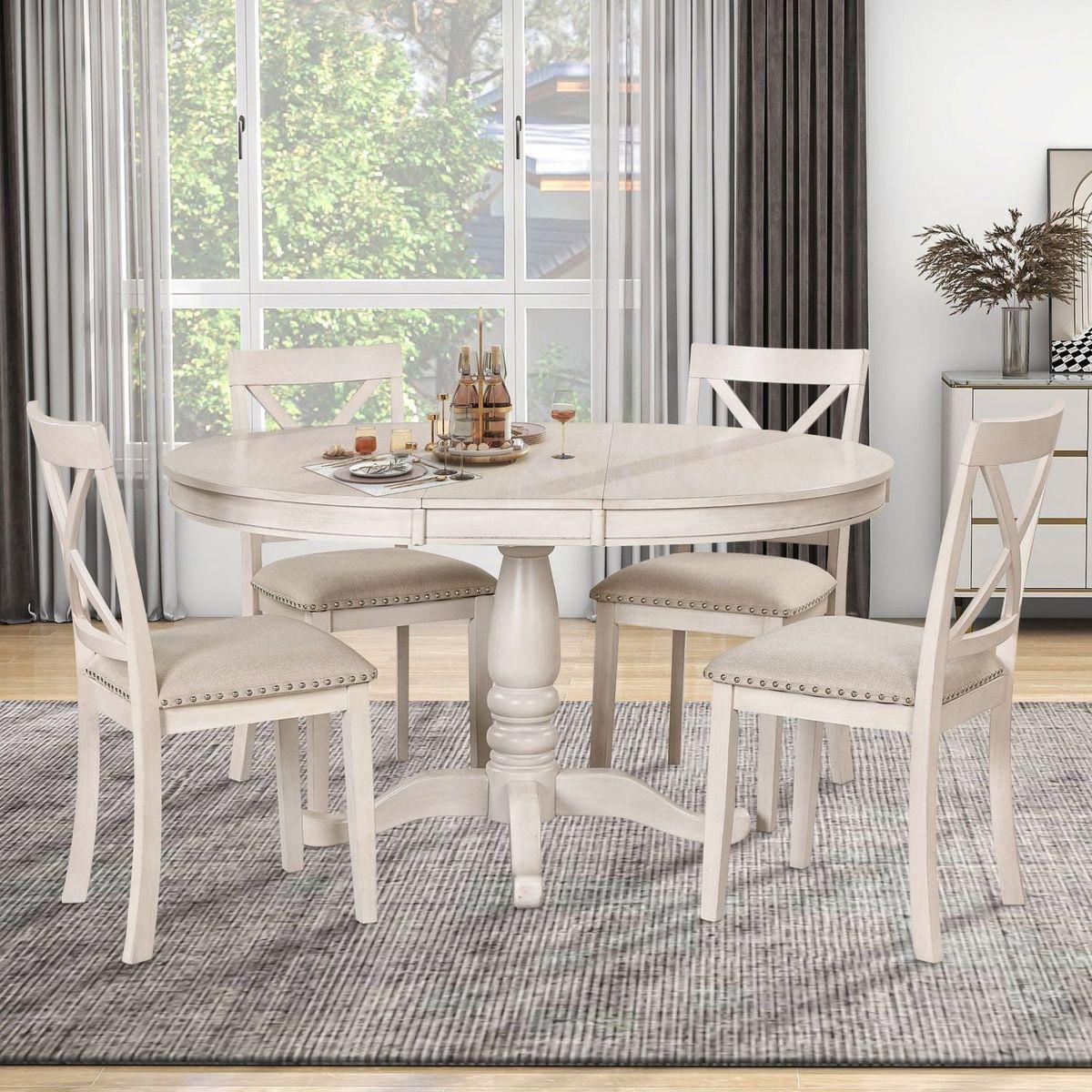 Modern Dining Table Set for 4, Round Table and 4 Kitchen Room Chairs, 5 Piece Kitchen Table Set for Dining Room, Dinette, Breakfast Nook, Antique White