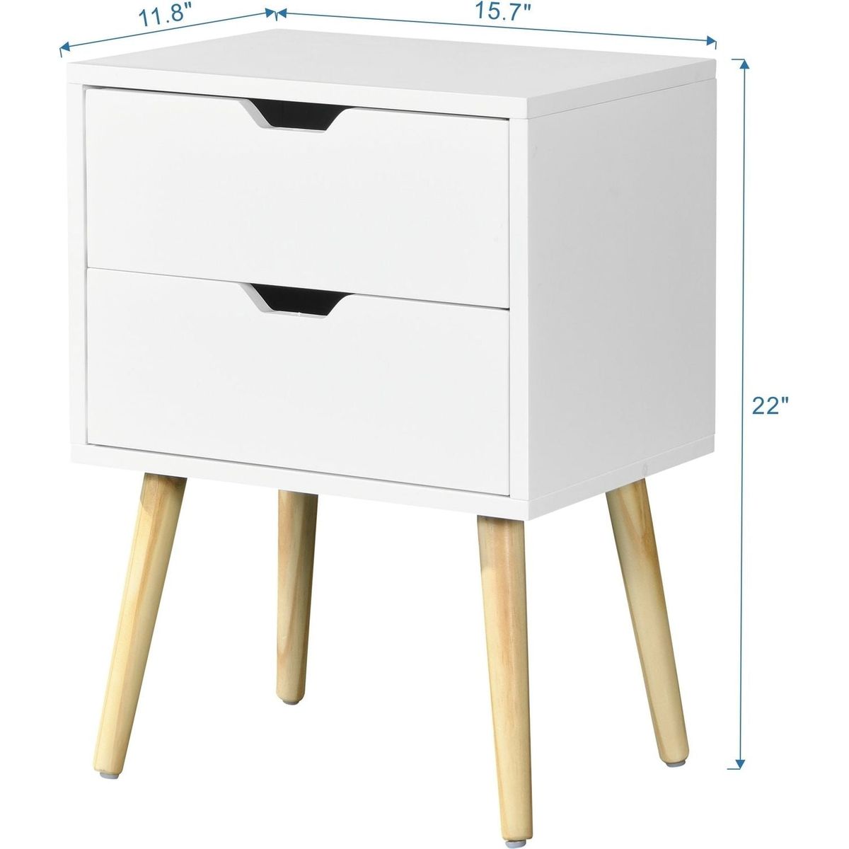 Side Table with 2 Drawer and Rubber Wood Legs, Mid-Century Modern Storage Cabinet for Bedroom Living Room Furniture, White