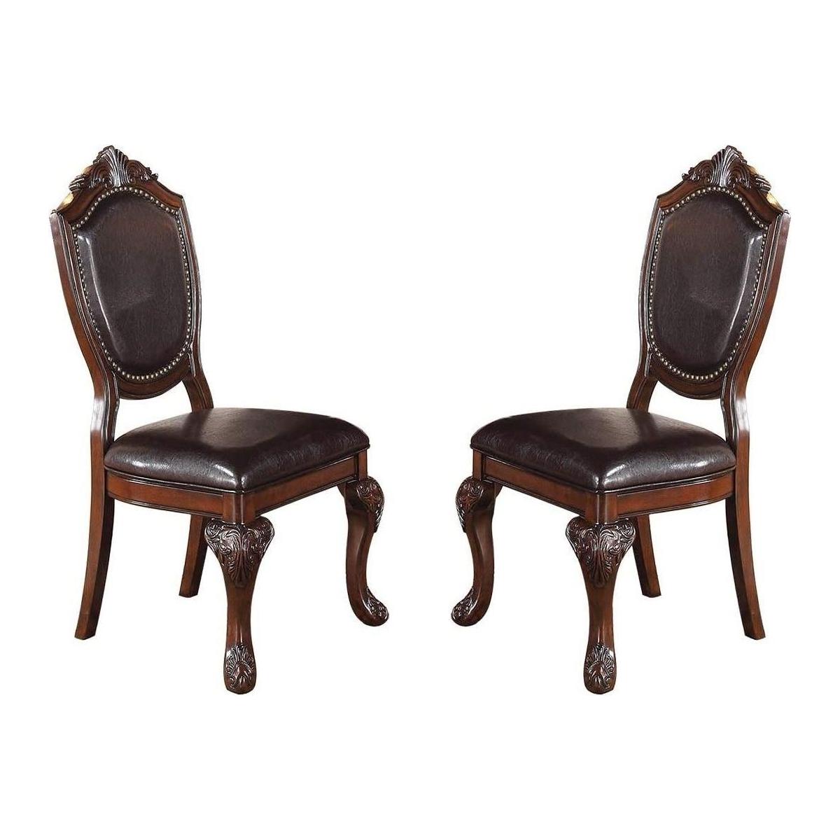 Royal Majestic Formal Set of 2 Side Chairs Brown Color Rubberwood Dining Room Furniture Intricate Design Faux Leather Upholstered Seat