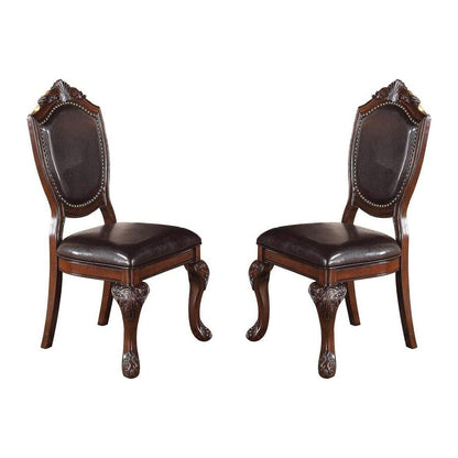 Royal Majestic Formal Set of 2 Side Chairs Brown Color Rubberwood Dining Room Furniture Intricate Design Faux Leather Upholstered Seat