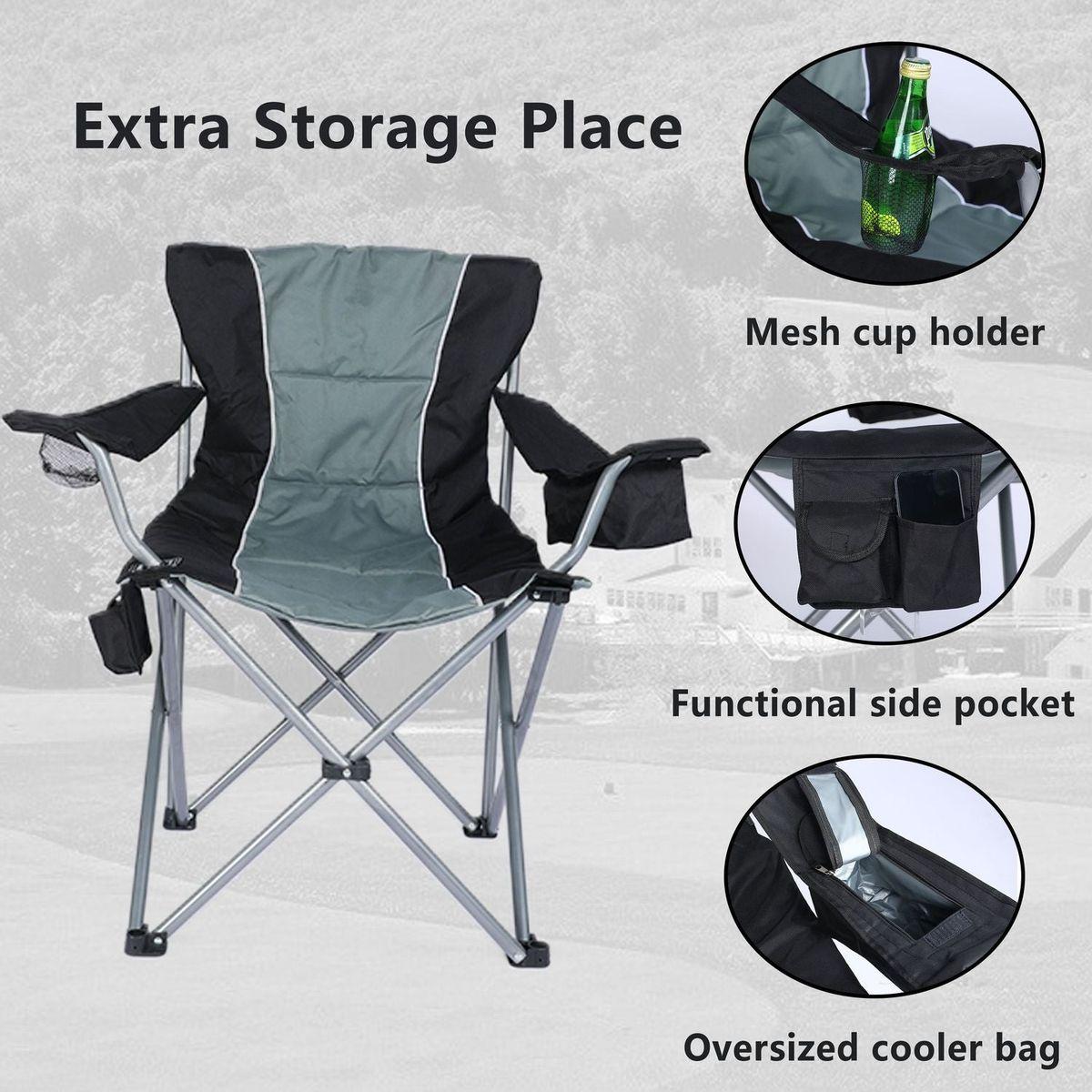 Oversized Camping Folding Chair with Cup Holder, Side Cooler Bag, Heavy Duty Steel Frame Fully P Added Quad Armchair for Outdoors, 1-Pack, Grey