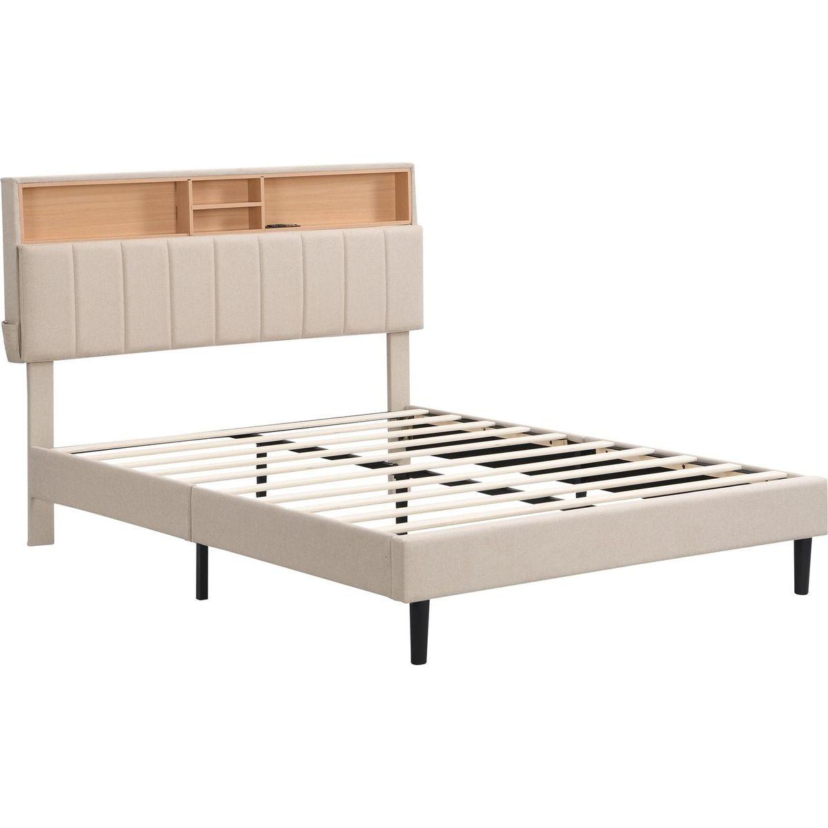 Full size Upholstered Platform Bed with Storage Headboard and USB Port, Linen Fabric Upholstered Bed (Beige)