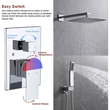 Shower System Shower Faucet Combo Set Wall Mounted with 12" Rainfall Shower Head and handheld shower faucet, Chrome Finish with Brass Valve Rough-In