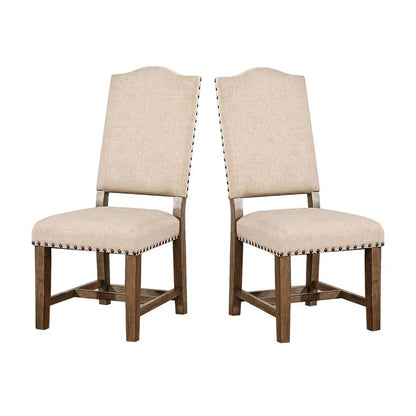 Rustic Classic 2pcs Dining Chairs Beige Fabric Upholstered Cushion Side Chairs Nailhead Trim Kitchen Dining Room Solid wood Light Oak