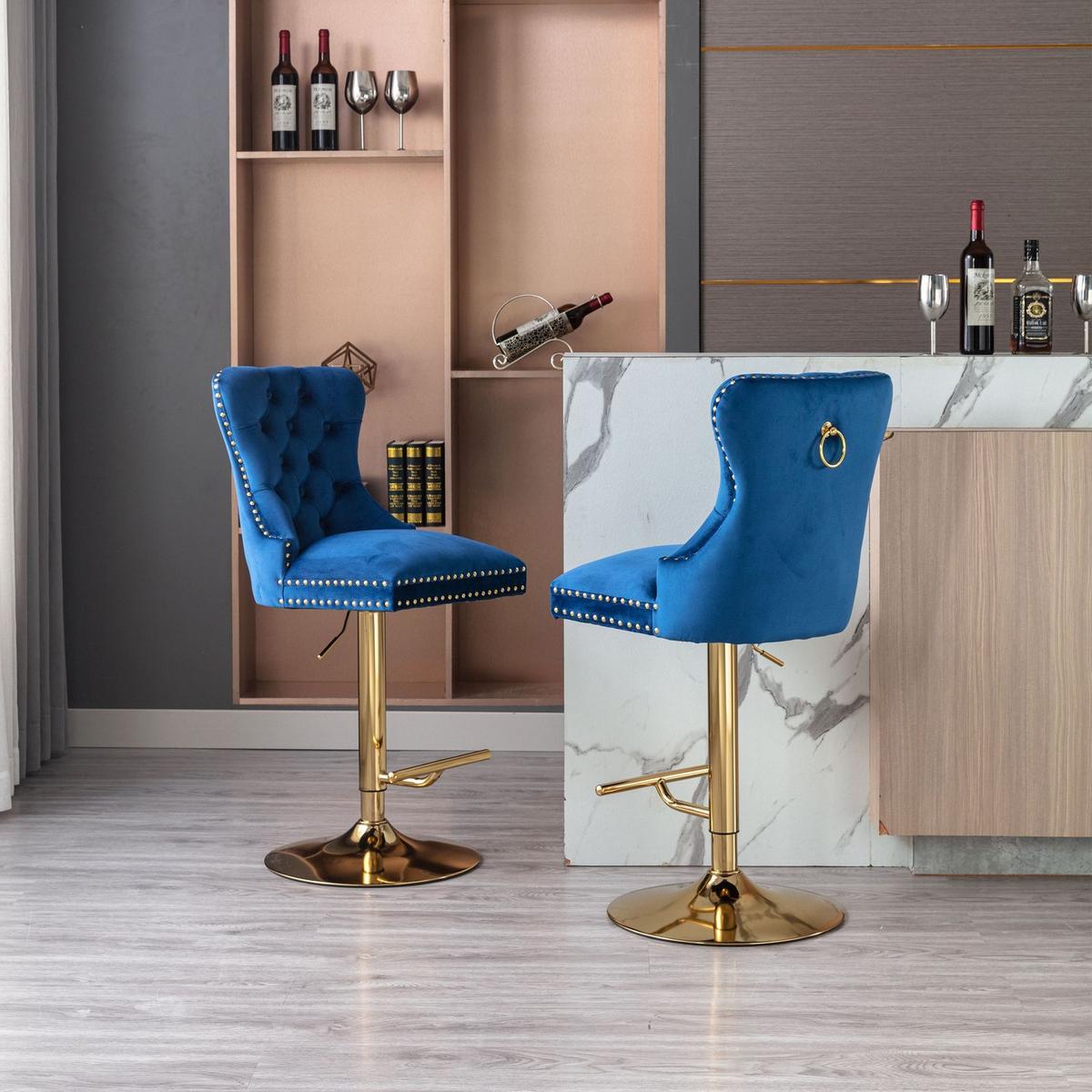 Swivel Bar Stools Chair Set of 2 Modern Adjustable Counter Height Bar Stools, Velvet Upholstered Stool with Tufted High Back & Ring Pull for Kitchen, Chrome Golden Base, Blue