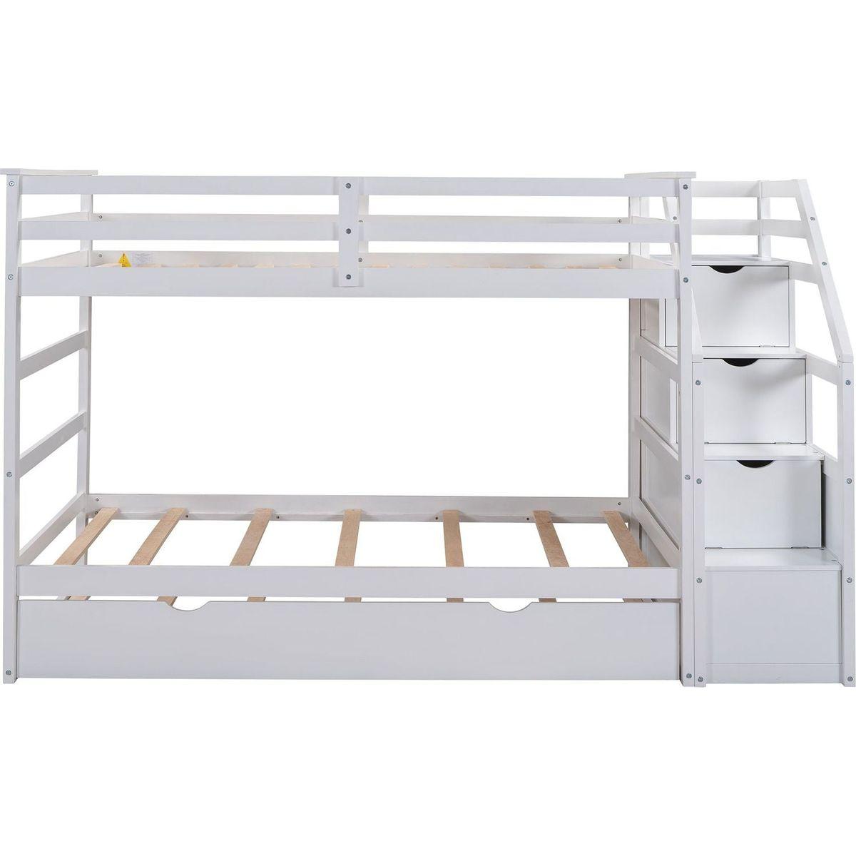 Twin-Over-Twin Bunk Bed with Twin Size Trundle and 3 Storage Stairs, White - Streamdale Furniture