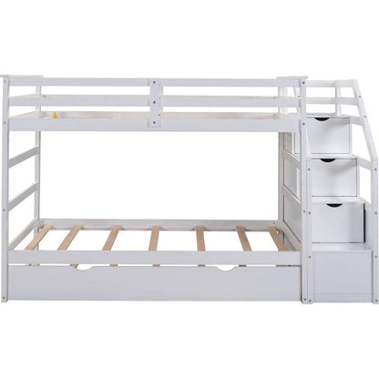 Twin-Over-Twin Bunk Bed with Twin Size Trundle and 3 Storage Stairs, White - Streamdale Furniture
