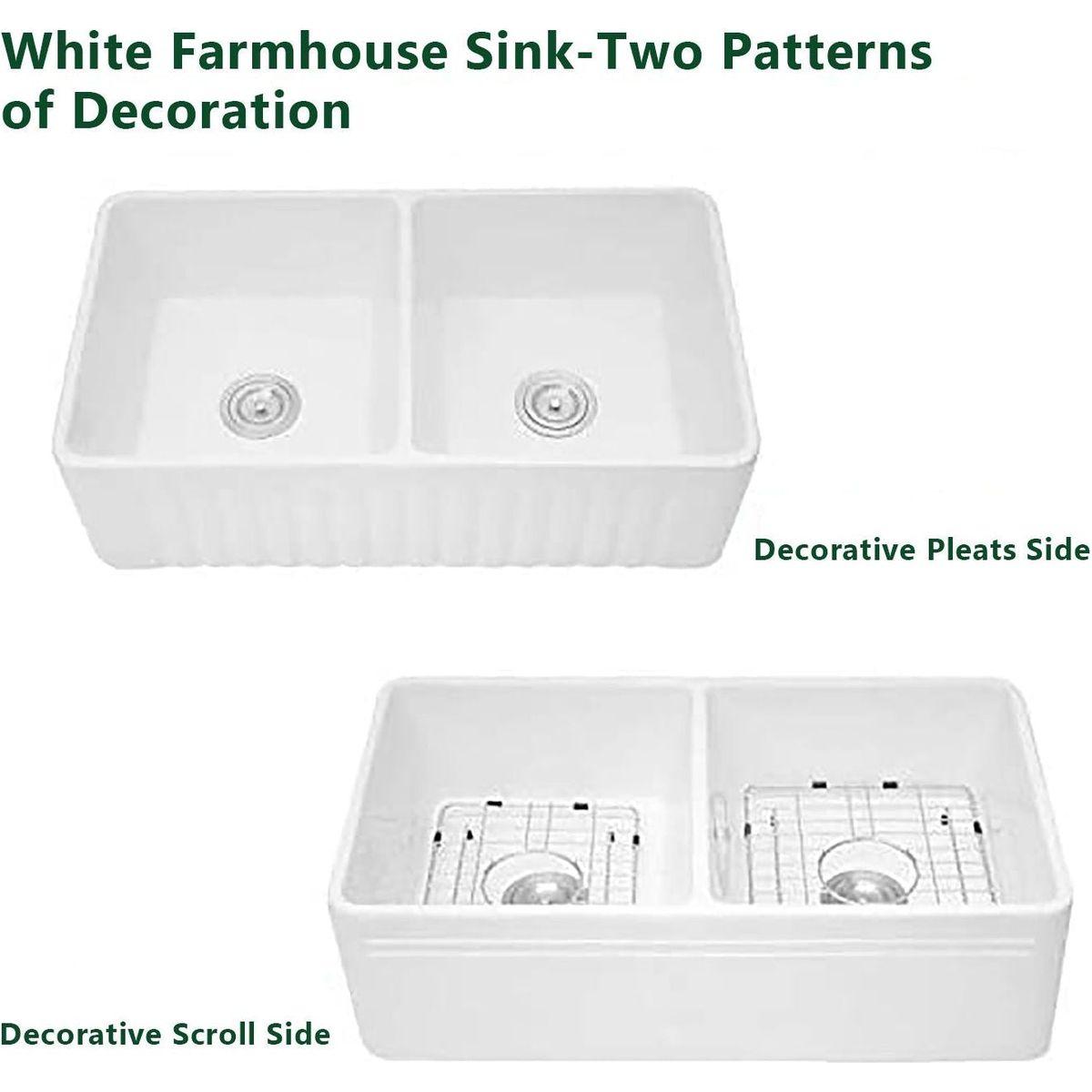 Ceramic White 33"18"x10" Kitchen Double Basin Farmhouse Sink Rectangular Vessel Sink