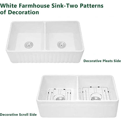 Ceramic White 33"18"x10" Kitchen Double Basin Farmhouse Sink Rectangular Vessel Sink