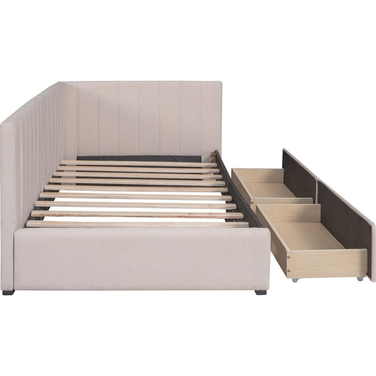 Upholstered Daybed with 2 Storage Drawers Twin Size Sofa Bed Frame No Box Spring Needed, Linen Fabric (Beige)