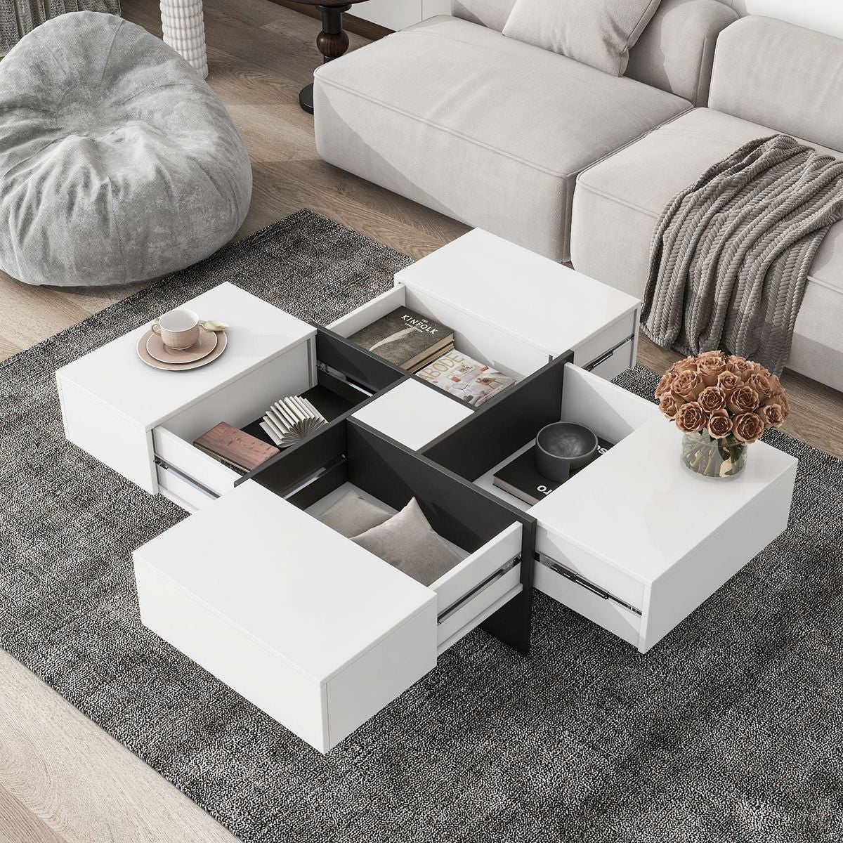 Unique Design Coffee Table with 4 Hidden Storage Compartments, Square Cocktail Table with Extendable Sliding Tabletop, UV High-gloss Design Center Table for Living Room, 31.5"x 31.5"