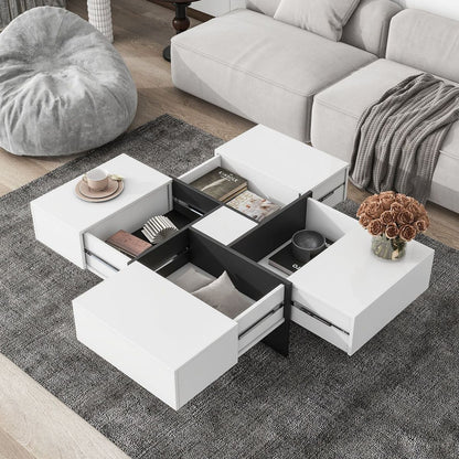 Unique Design Coffee Table with 4 Hidden Storage Compartments, Square Cocktail Table with Extendable Sliding Tabletop, UV High-gloss Design Center Table for Living Room, 31.5"x 31.5"