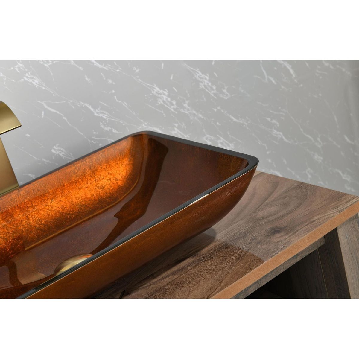 22.5" L -L -14.5" W -4 1/2 in. Handmade Glass Rectangle Vessel Bathroom Sink Set in Rich Chocolate Brown Finish with gold Faucet and gold Pop Up Drain