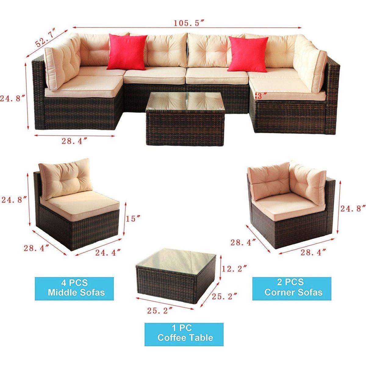 Patio Furniture Set PE Rattan Sectional Garden Furniture Corner Sofa Set (7 Pieces, Shallow brownCushion)