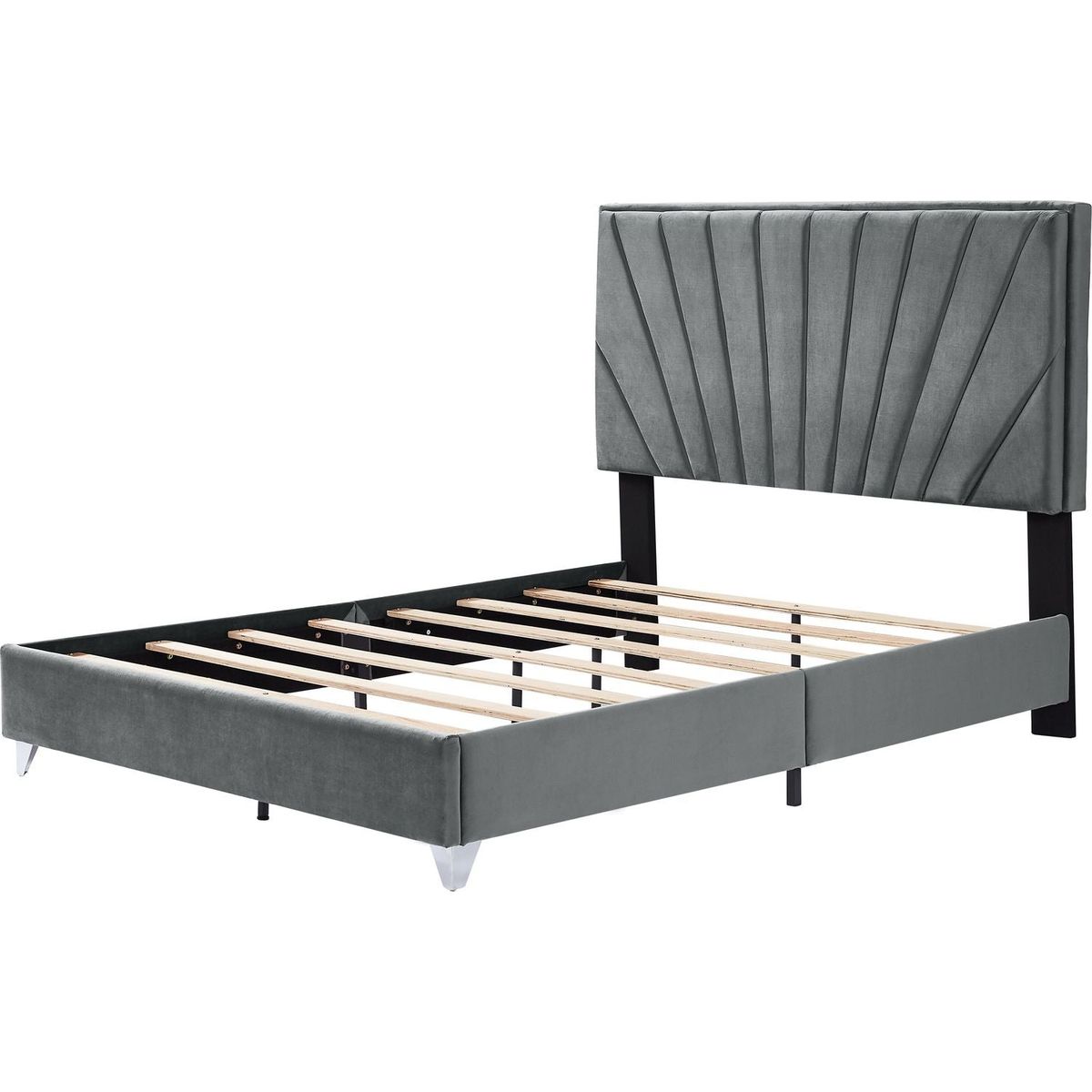 Full bed with two nightstands, Beautiful line stripe cushion headboard, strong wooden slats + metal legs with Electroplate