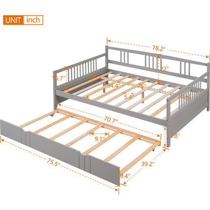 Full Size Daybed Wood Bed with Twin Size Trundle, Gray