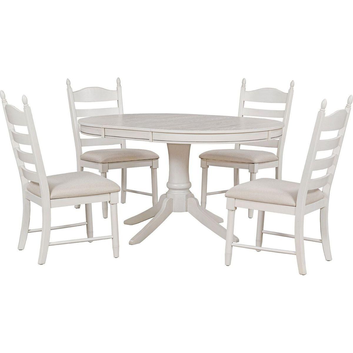 5-Piece Retro Functional Dining Table Set Wood Round Extendable Dining Table and 4 Upholstered Dining Chairs (Antique White) - Streamdale Furniture