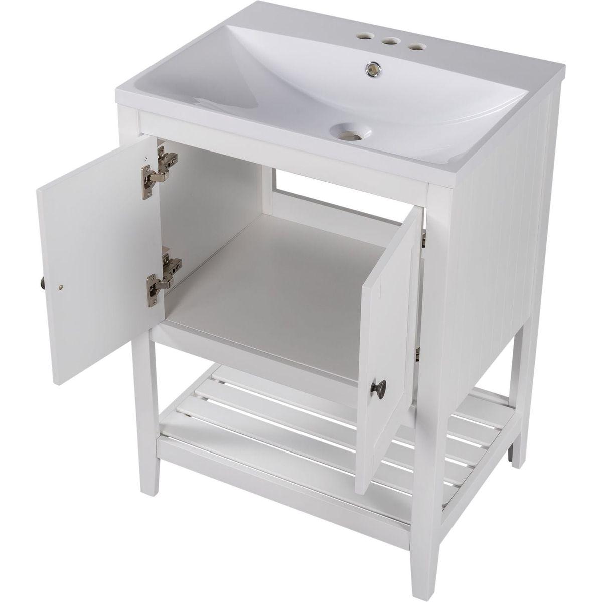 24" White Modern Sleek Bathroom Vanity Elegant Ceramic Sink with Solid Wood Frame Open Style Shelf