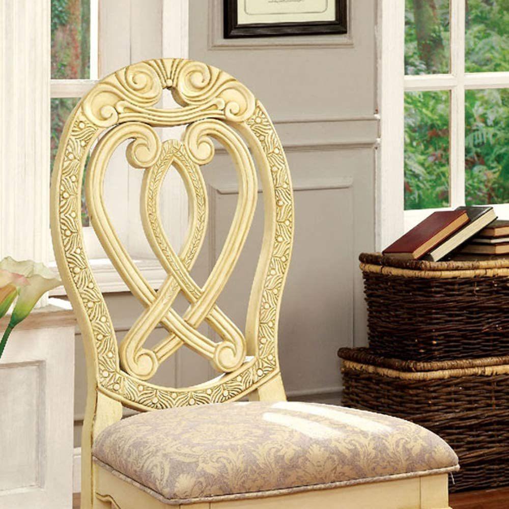 Formal Majestic Traditional Dining Chairs Vintage White Solid wood Fabric Seat Intricate Carved Details Set of 2 Side Chairs