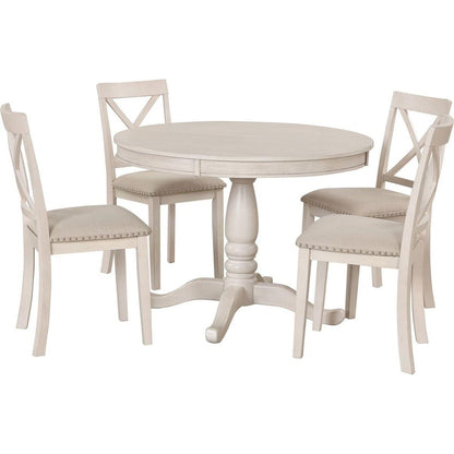 Modern Dining Table Set for 4, Round Table and 4 Kitchen Room Chairs, 5 Piece Kitchen Table Set for Dining Room, Dinette, Breakfast Nook, Antique White