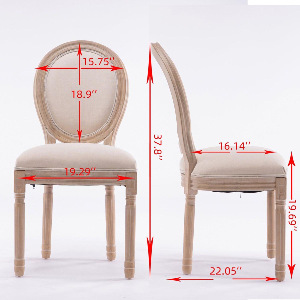 French Style Solid Wood Frame Antique Painting Linen Fabric Oval Back Dining Chair, Set of 2, Cream