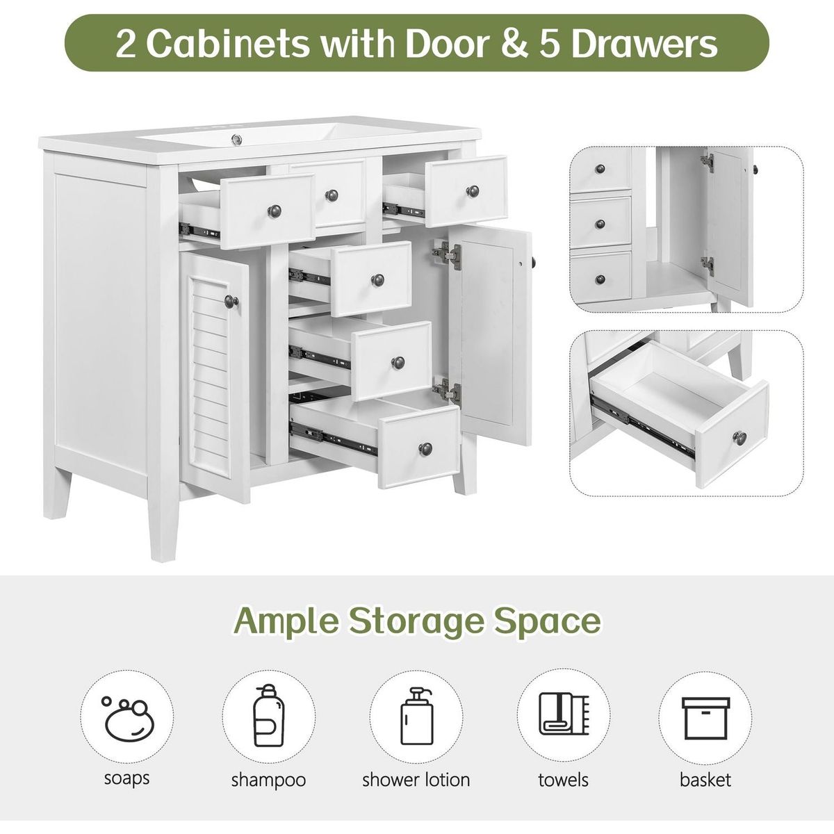 36" Bathroom Vanity without Sink, Cabinet Base Only, Two Cabinets and Five Drawers, Solid Wood Frame, White