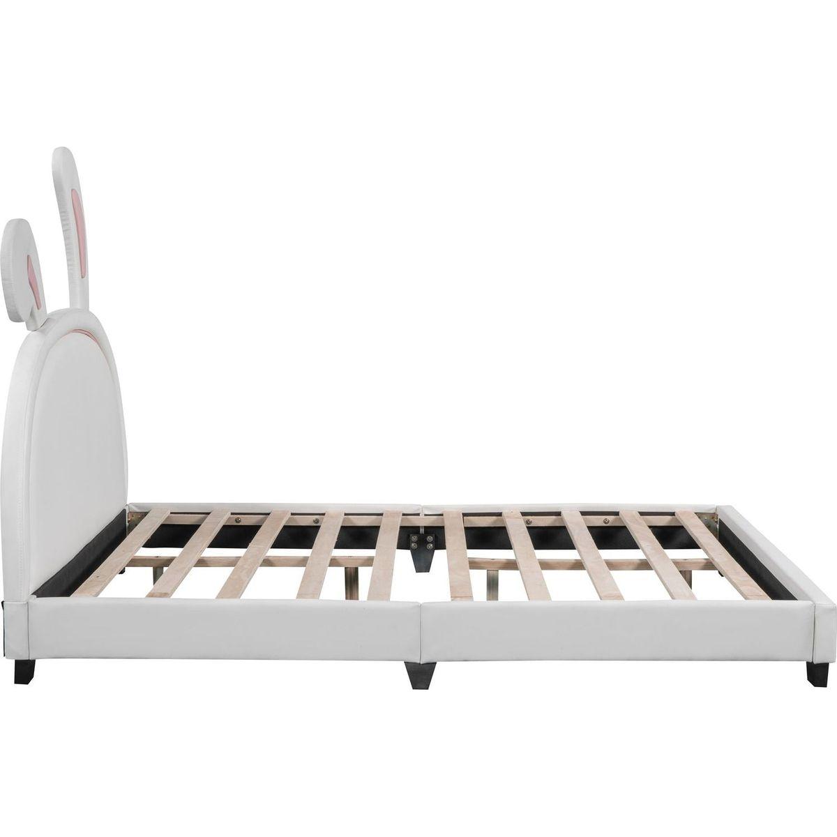 Full Size Upholstered Leather Platform Bed with Rabbit Ornament, White