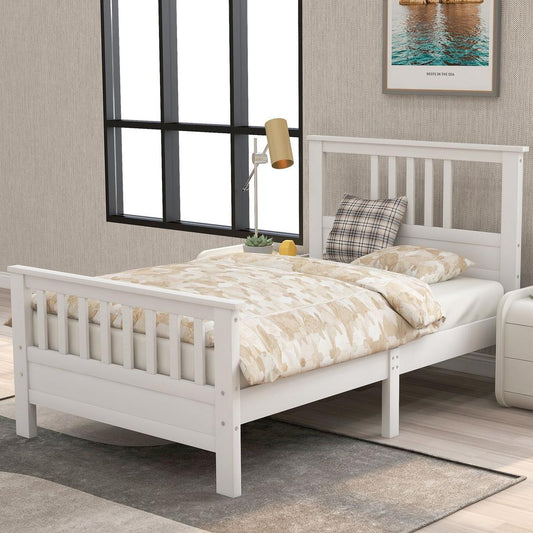 Wood Platform Bed with Headboard and Footboard, Twin (White) - Streamdale Furniture