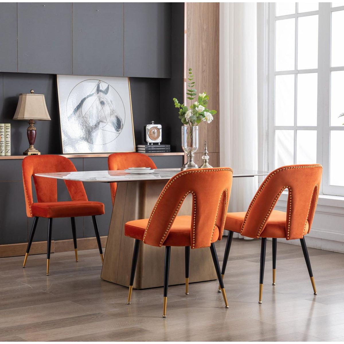 Akoya Collection Modern Contemporary Velvet Upholstered Dining Chair with Nailheads and Gold Tipped Black Metal Legs, Orangeet of 2