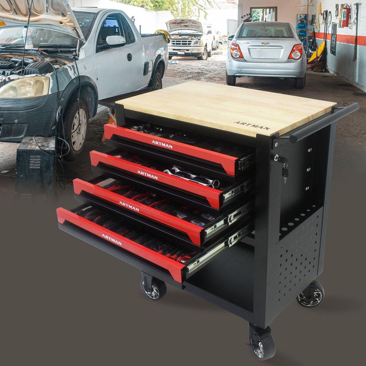 4 DRAWERS MULTIFUNCTIONAL TOOL CART WITH TOOL SET AND WOODEN TOP