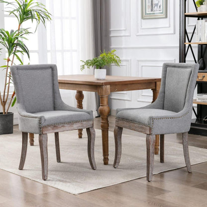 Ultra Side Dining Chair, Thickened fabric chairs with neutrally toned solid wood legs, Bronze nail head, Set of 2, Gray