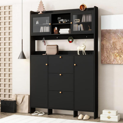 Contemporary Shoe Cabinet with Open Storage Platform, Tempered Glass Hall Tree with 3 Flip Drawers, Versatile Tall Cabinet with 4 Hanging Hooks for Hallway, Black