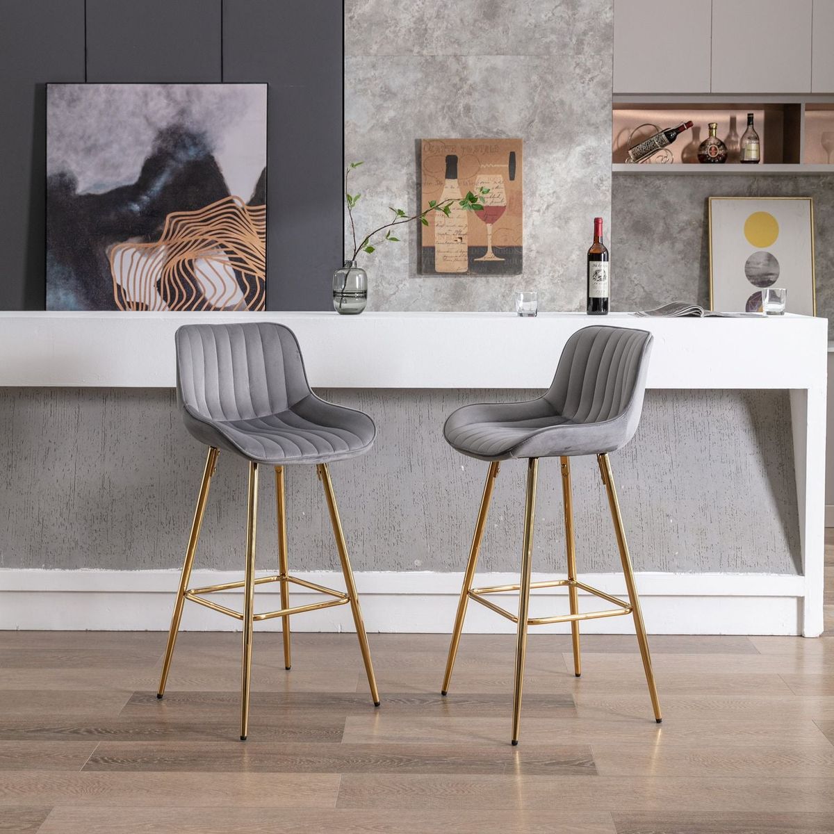 30 inch Set of 2 Bar Stools, with Chrome Footrest Velvet Fabric Counter Stool Golden Leg Simple High Bar Stool, GRAY - Streamdale Furniture