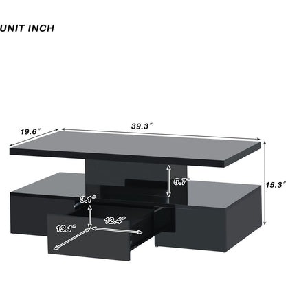 Modern Glossy Coffee Table With Drawer, 2-Tier Rectangle Center Table with Plug-in 16 colors LED lighting for Living room, 39.3" x19.6" x15.3"