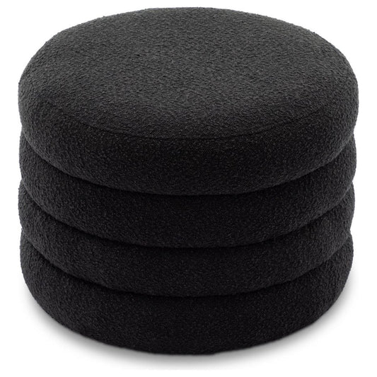 Boucle Fabric Storage Round Ottoman Footstool With Wooden Shelving,Black