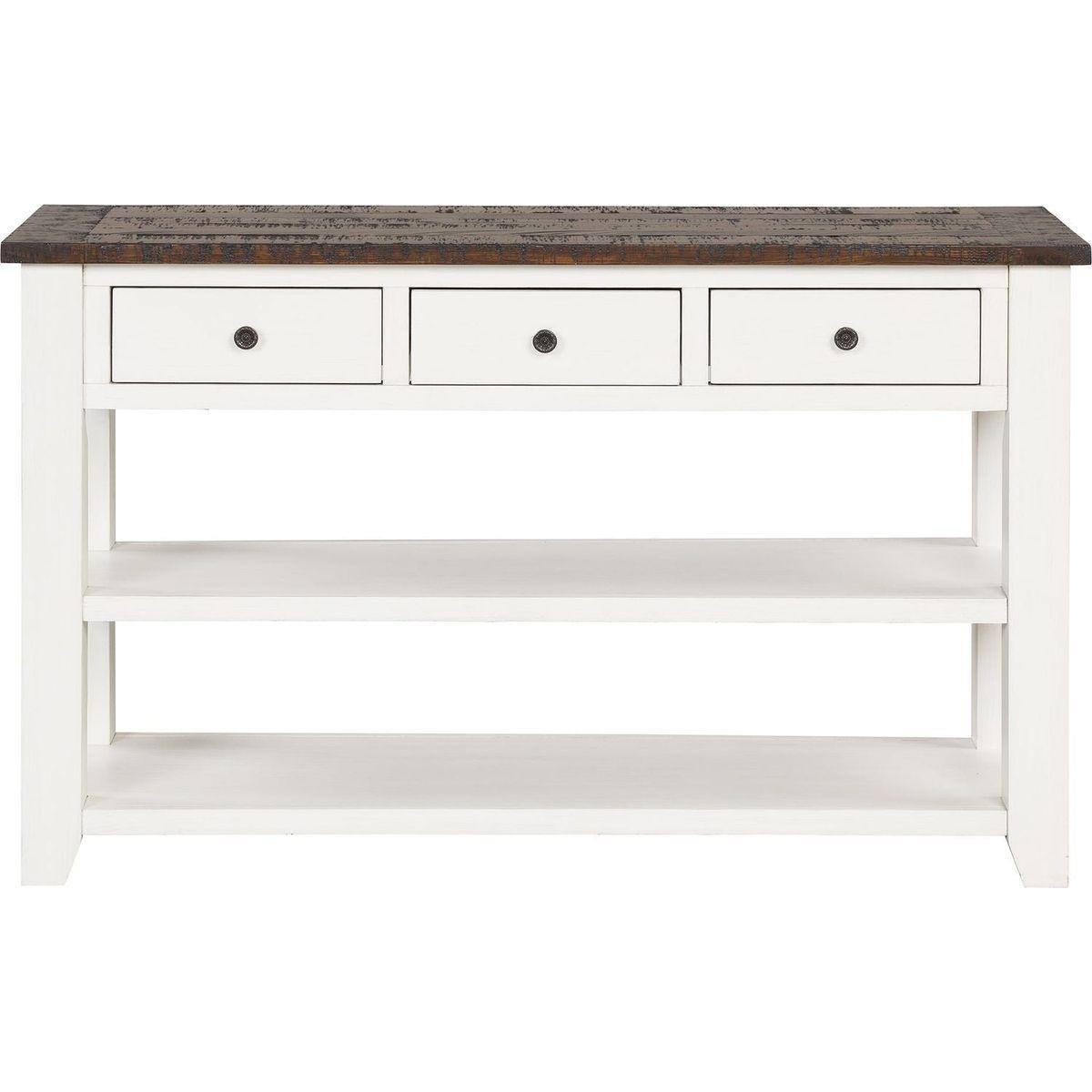 48" Solid Pine Wood Top Console Table, Modern Entryway Sofa Side Table with 3 Storage Drawers and 2 Shelves. Easy to Assemble (Antique White+ Brown Top)