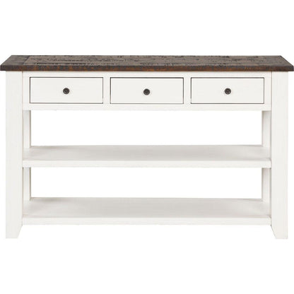 48" Solid Pine Wood Top Console Table, Modern Entryway Sofa Side Table with 3 Storage Drawers and 2 Shelves. Easy to Assemble (Antique White+ Brown Top)