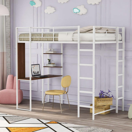 Twin Metal Loft Bed with 2 Shelves and one Desk, WHITE - Streamdale Furniture